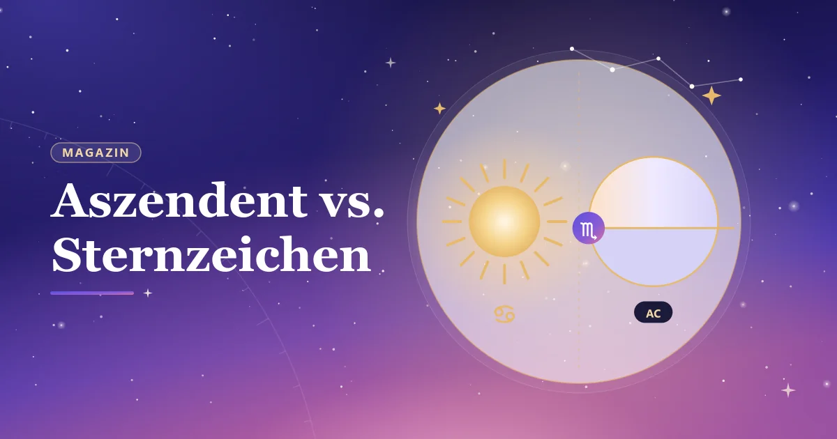 Titelbild „Aszendent vs. Sternzeichen“ vor einem Nachthimmel in Violett und Rosé. Illustration: links die Sonne mit dem Krebs-Symbol als Sternzeichen, rechts ein Horizont mit dem aufsteigenden Skorpion als Aszendent